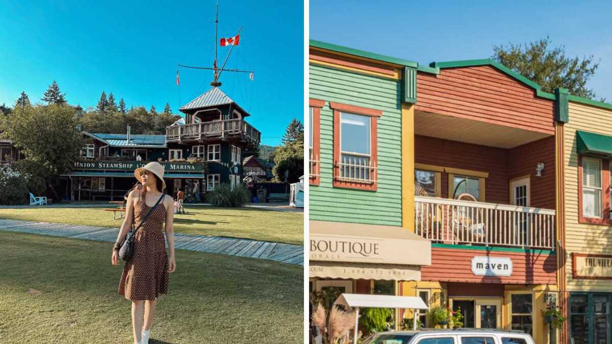 Person in a small town. Right: A small town street.