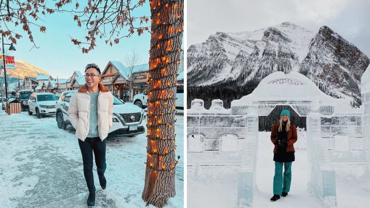 Person in a small town. Right: Person on a lake.