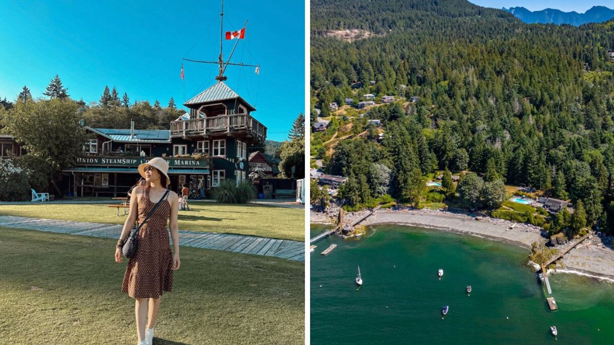 Person in a town. Right: A beach.