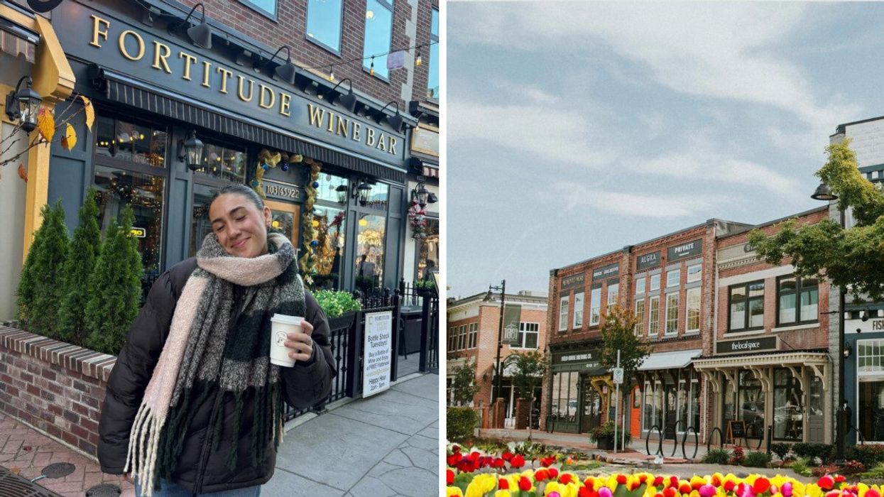 Person in a town street with a coffee. Right: A small town street.