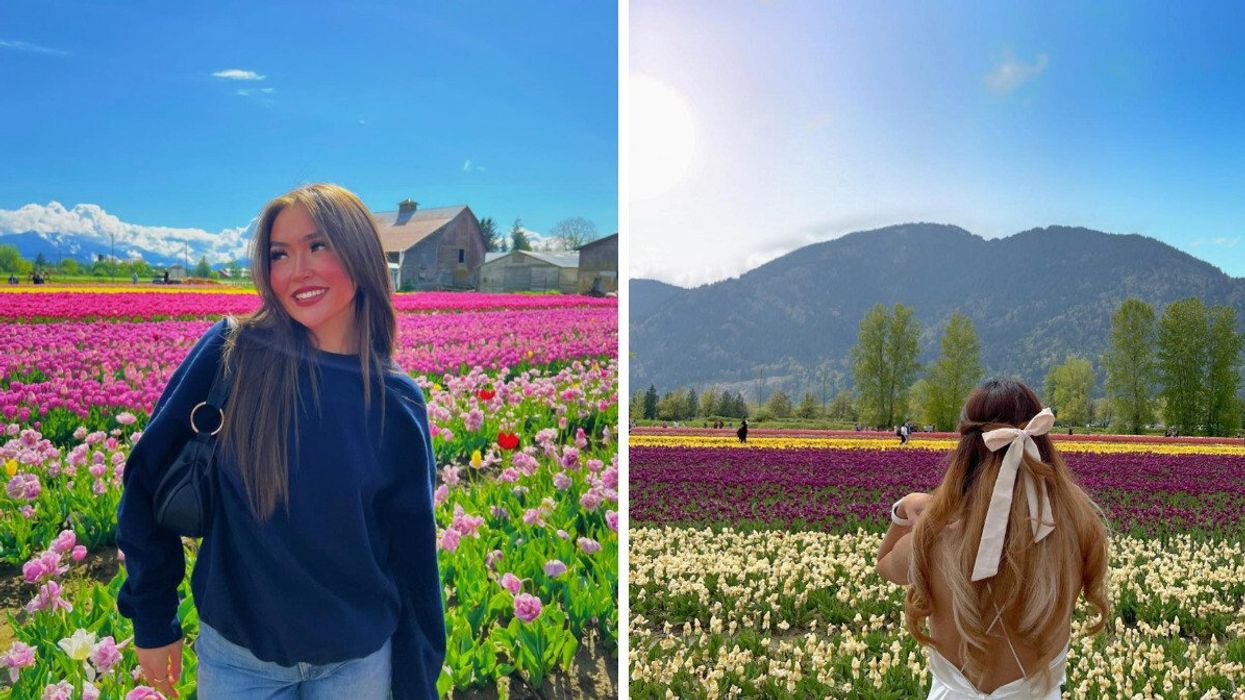 Person in a tulip field. Right: Someone facing a tulip field.
