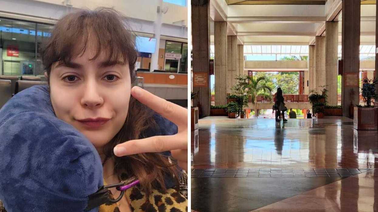 Person in an airport taking a selfie. Right: A resort in Mexico.