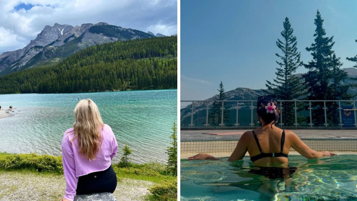 Person in Banff National Park. Right: Banff Upper Hot Springs.