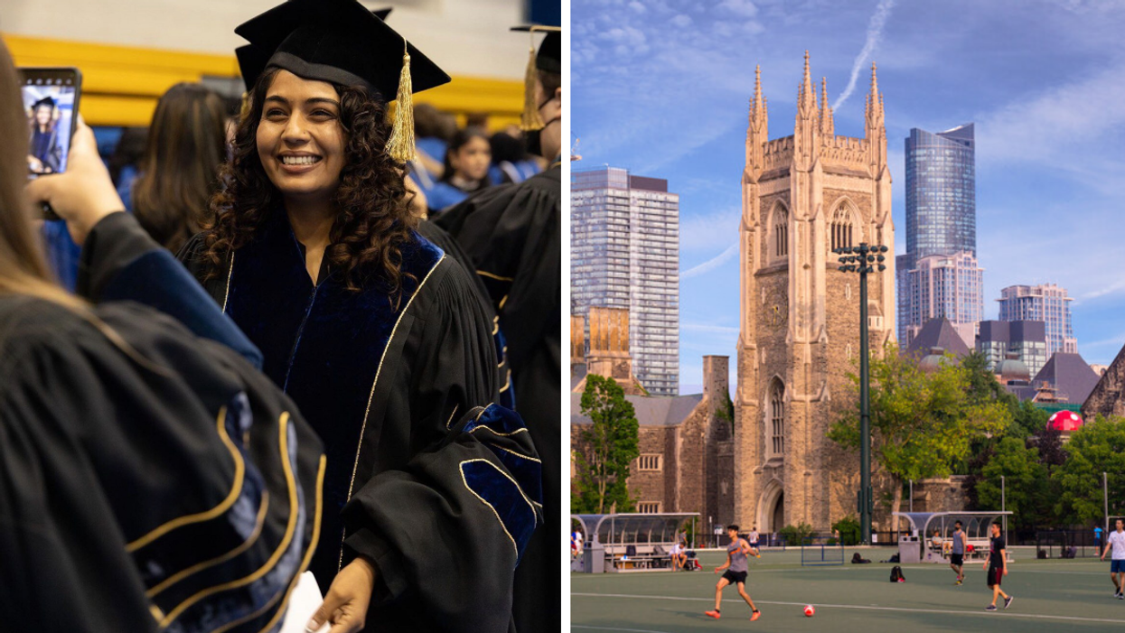 Person in cap and gown. Right: University of Toronto campus.