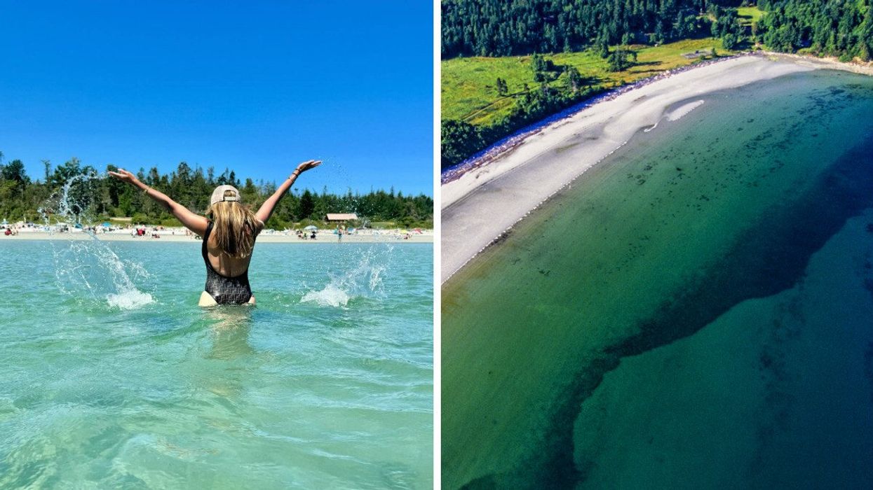 Person in clear blue water. Right: An aerial view of a beach.