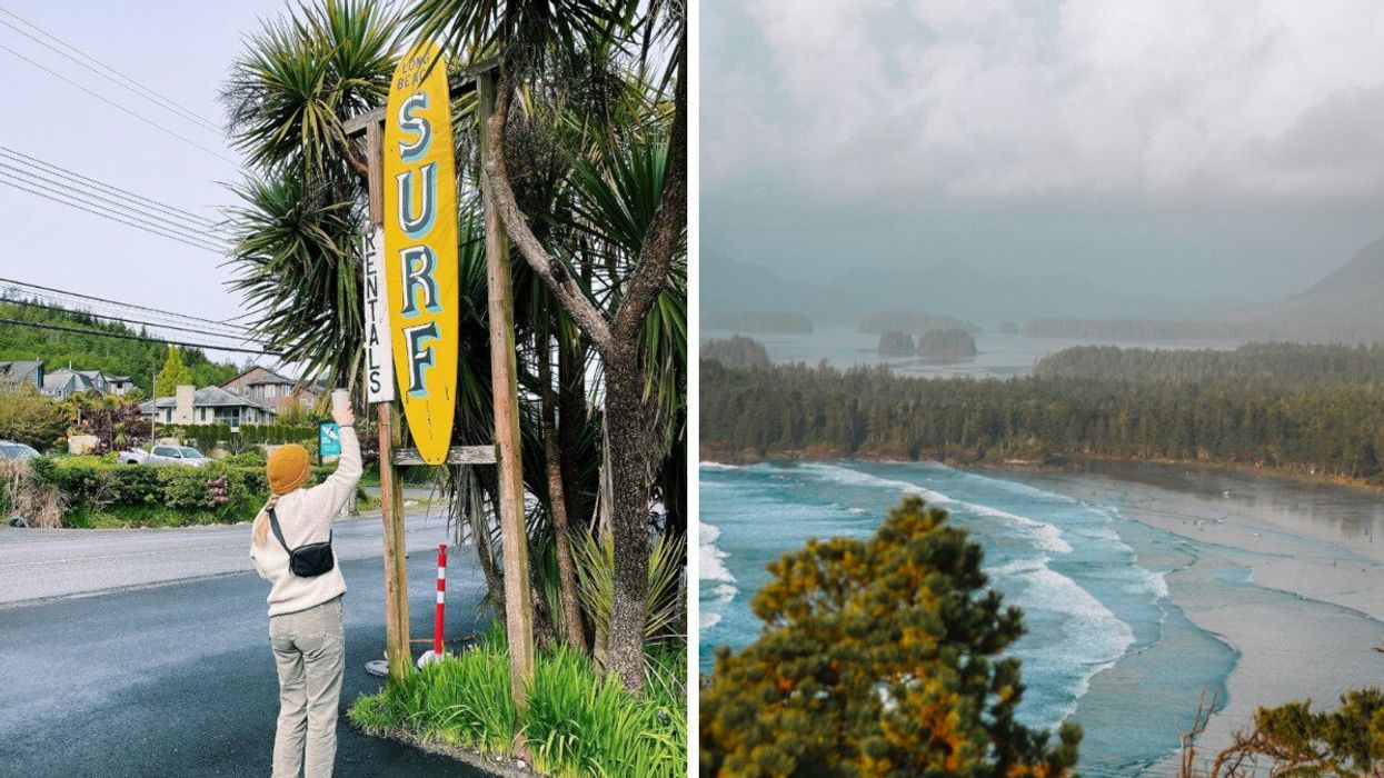 Person in front of a Surfing Shop sign. Right: A beach.