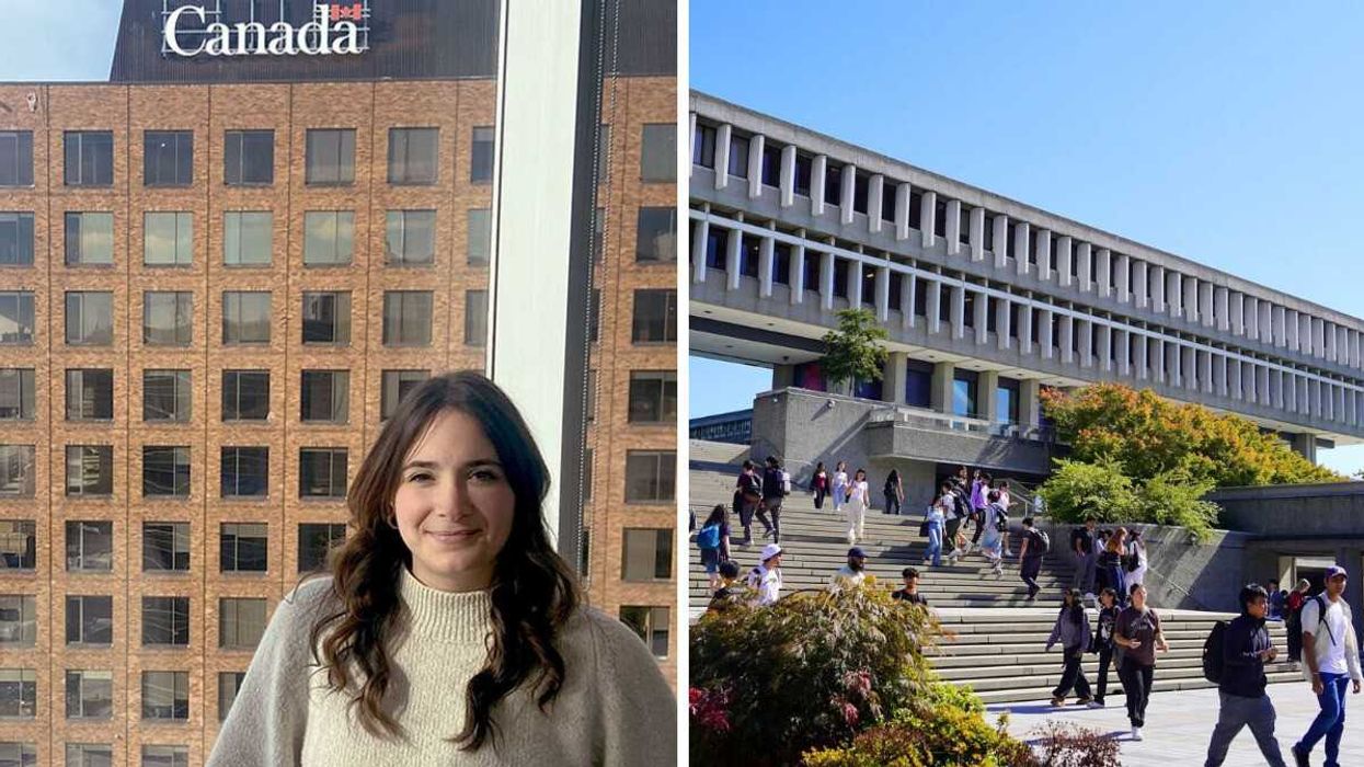 person in front of government of canada building with canada logo. right: people walking down steps on simon fraser university campus