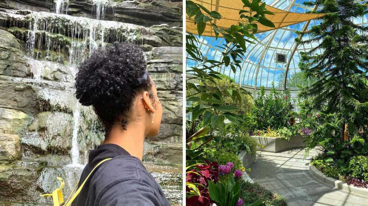 Person in front of Princess Louise Falls in Ottawa, Right: The interior of the Central Experimental Farm's Tropical Greenhouse.
