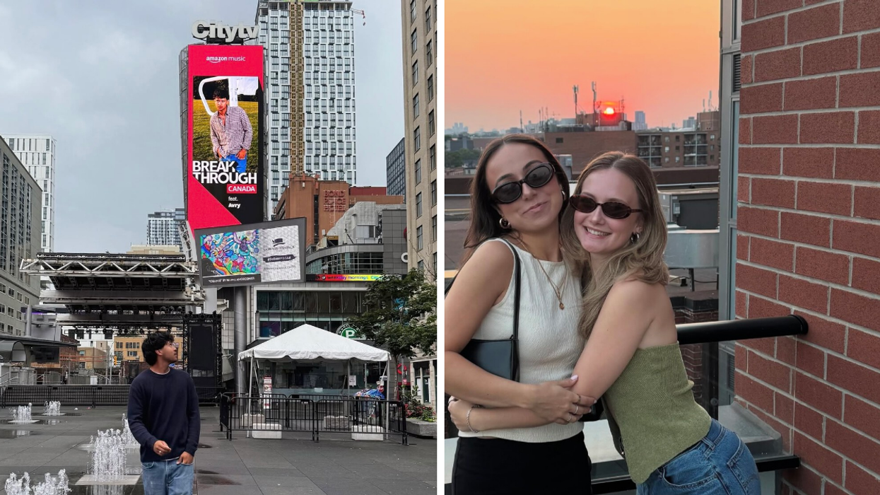 Person in front on a billboard in Toronto. Right: Two friends smiling on a balcony at sunset.