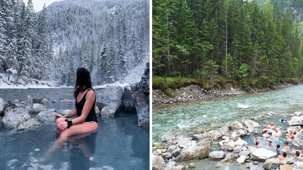 Person in Lussier Hot Springs. Right: Lussier Hot Springs.