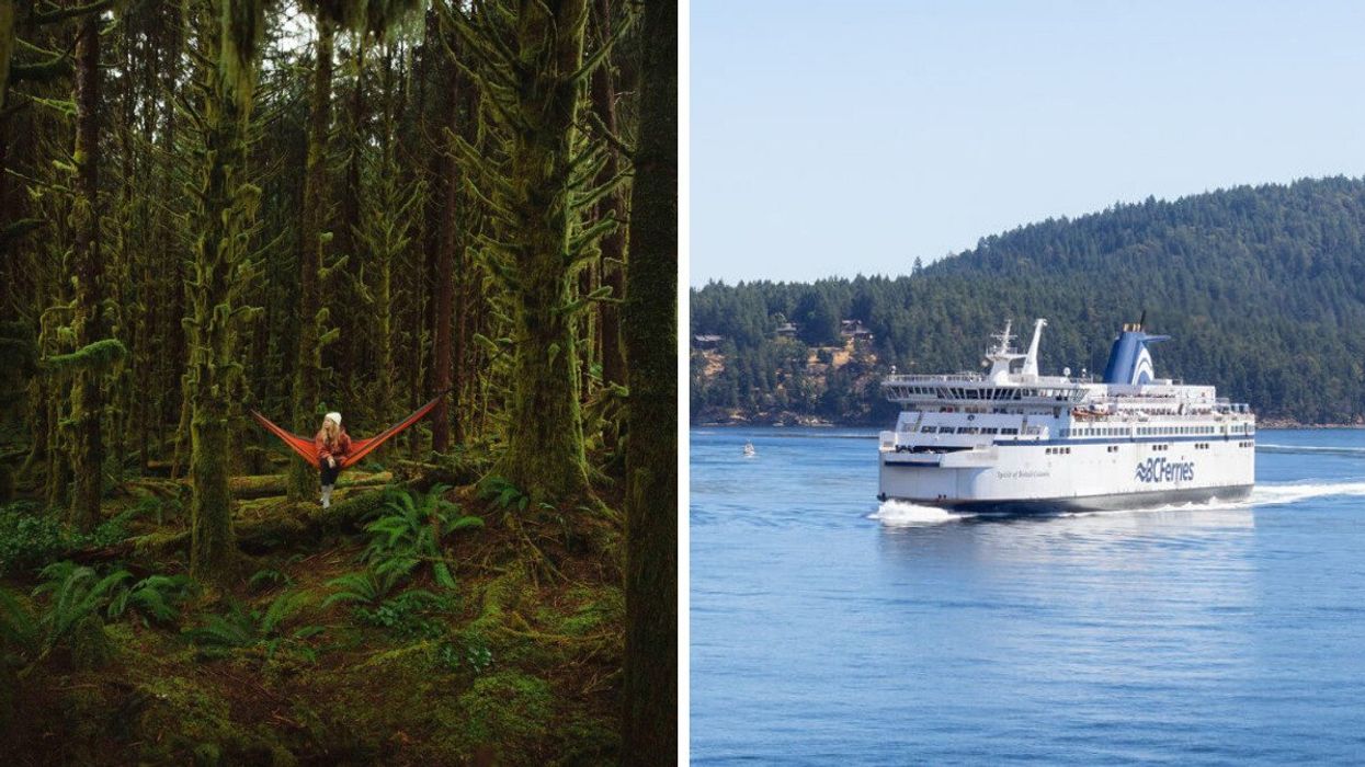 Person in Pacific Rim National Park Reserve. Right: BC Ferries.