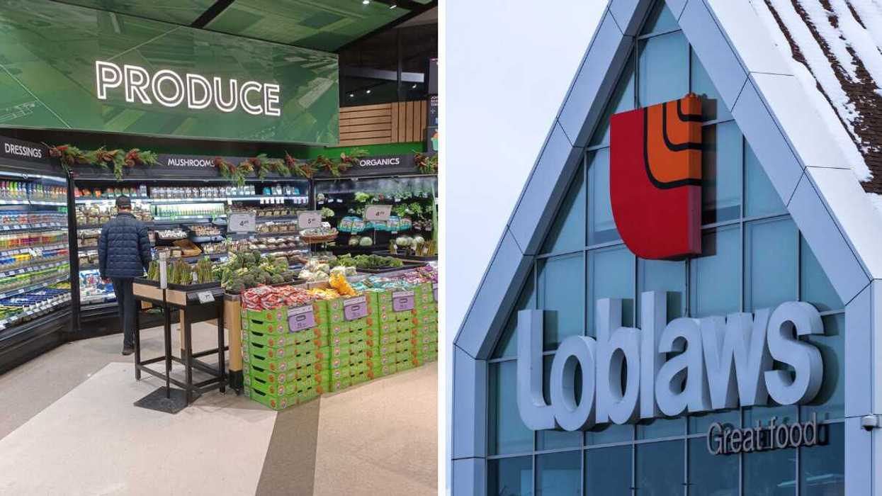 person in produce section at sobeys store. right: exterior of loblaws store with name and logo