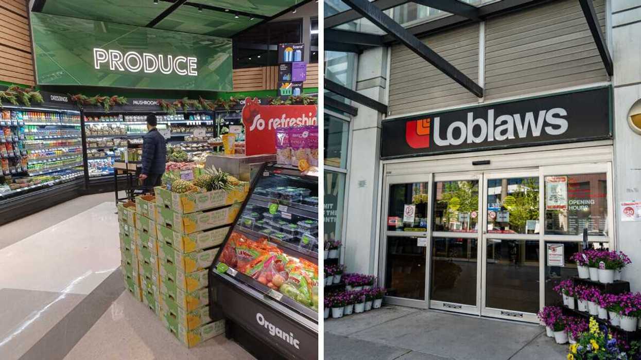 person in produce section of sobeys grocery store. right: entrance of loblaws grocery store