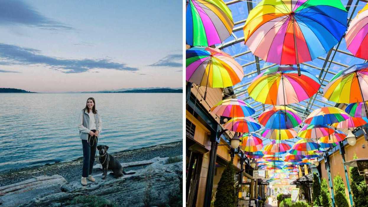 Person in Sidney BC. Right: Street in Sidney, on Vancouver Island.