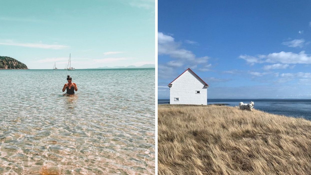 Person in the water at Hornby Island. Right: Saturna Island.