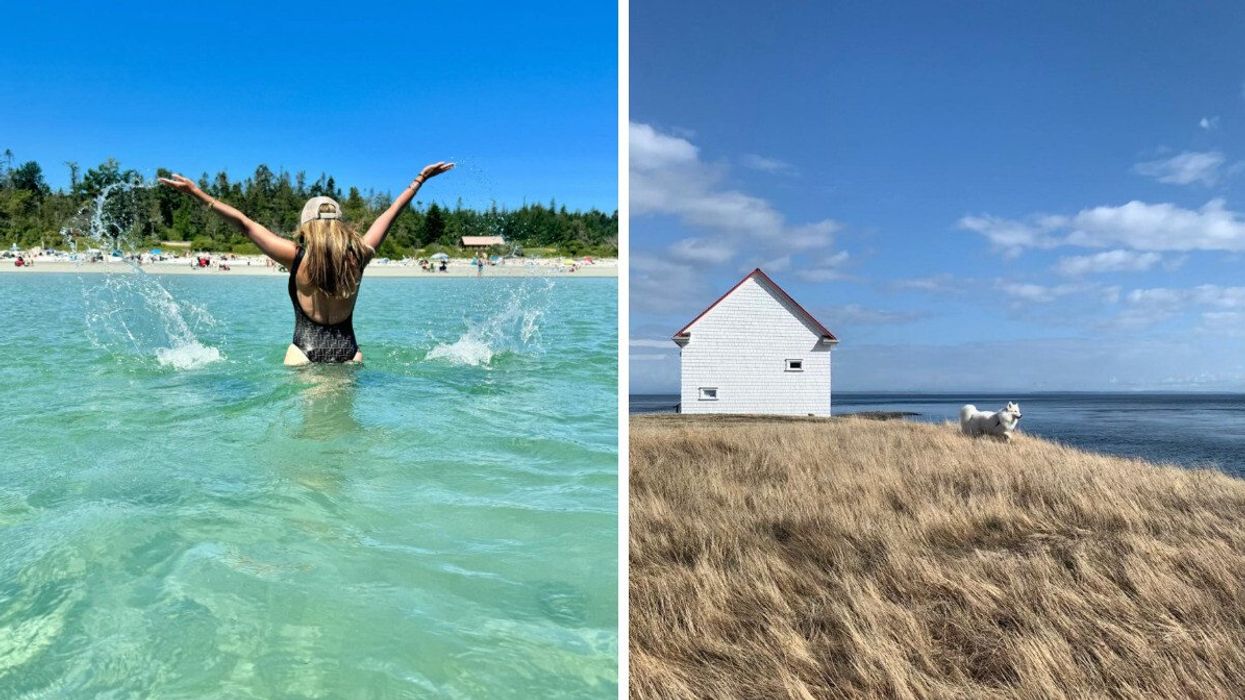 Person in the water. Right: A grassy lookout