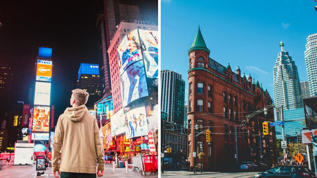 Person in Times Square in New York City. Right: The Flatiron Building in Toronto.