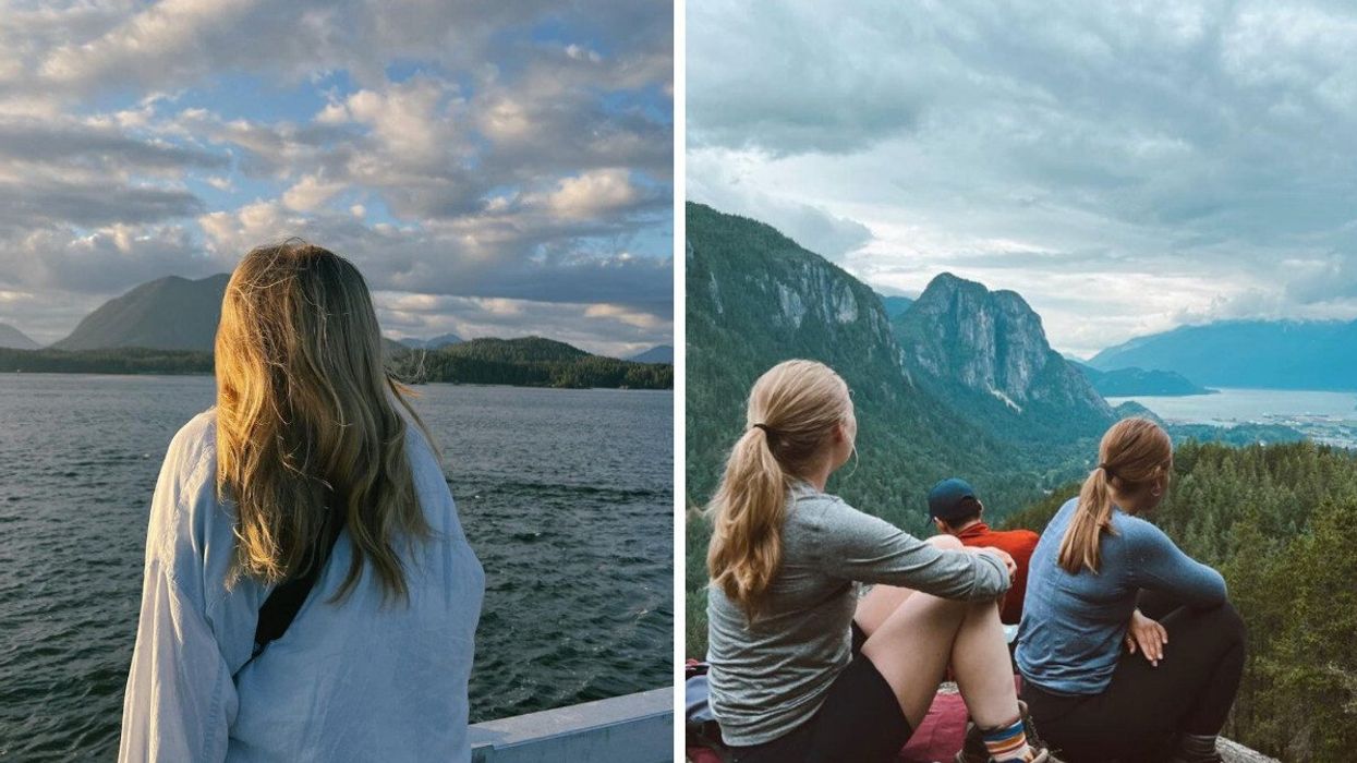 Person in Tofino, B.C. Right: People on a hike in Squamish.