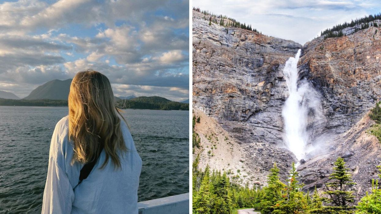 Person in Tofino, B.C. Right: Waterfall in Yoho National Park.