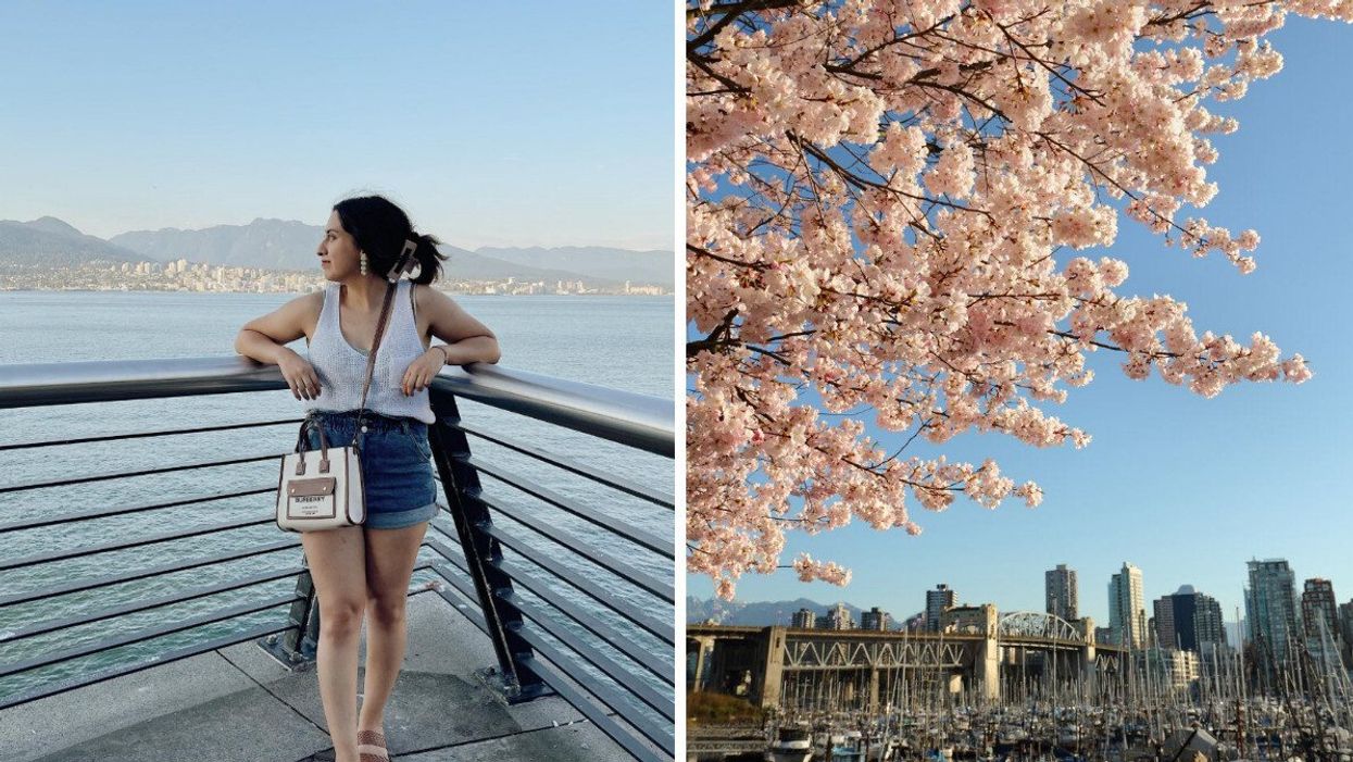 Person in Vancouver, B.C. Right: A view of Vancouver in the spring with cherry blossoms.