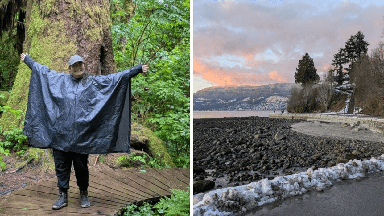 Person in Vancouver forest. Right: The Vancouver seawall.