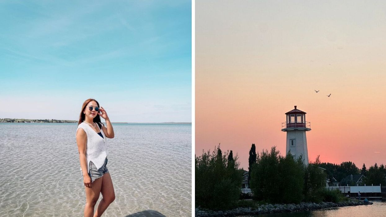 Person in water. Right: A lighthouse on a lakeshore.
