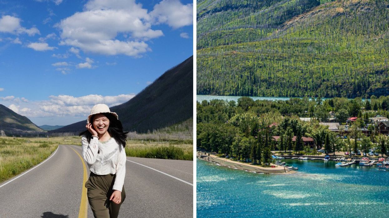 Person in Waterton Park. Right: Small town in Alberta.