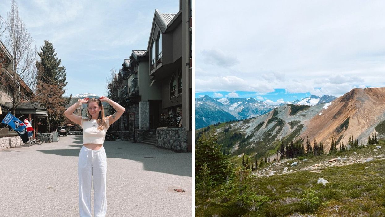 Person in Whistler, B.C. Right: Mountain in Whistler, B.C.
