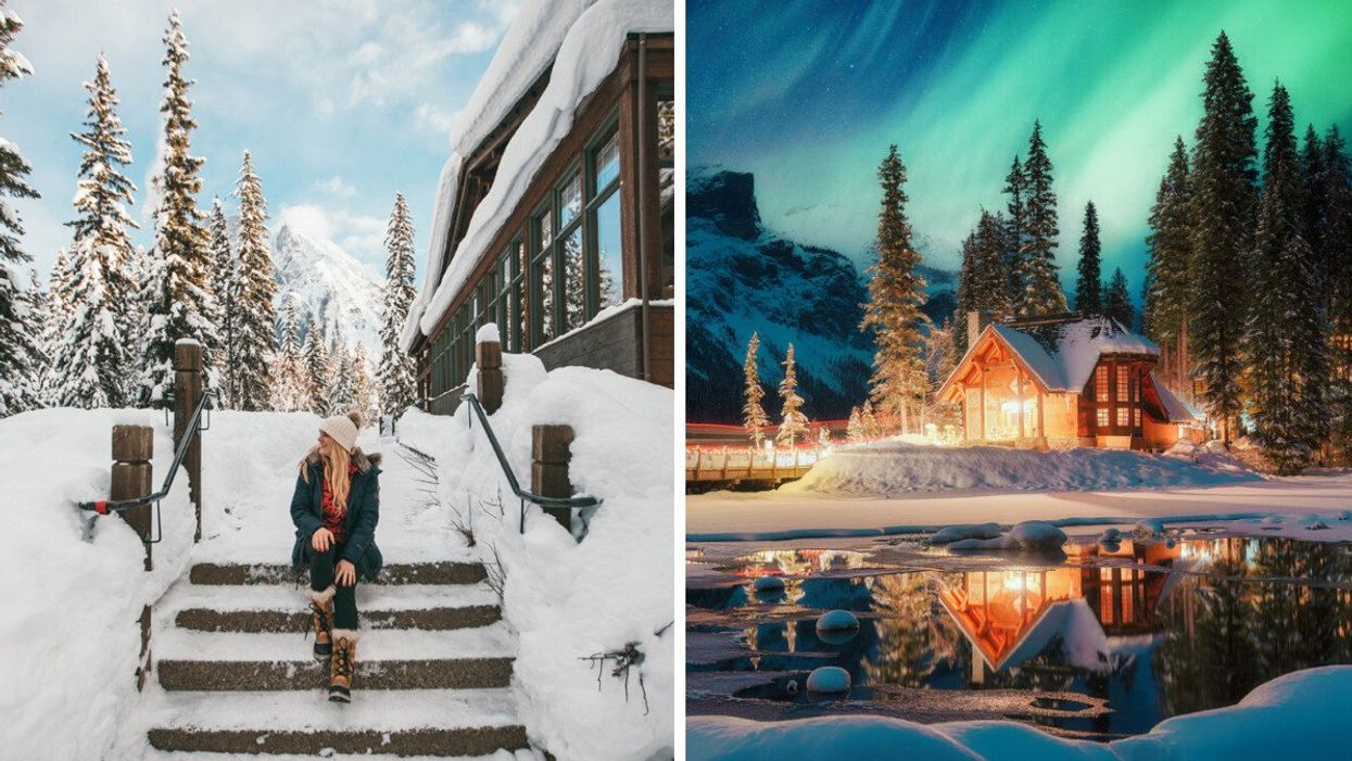 Person in Yoho Nationl Park at Emerald Lake Lodge. Right: Emerald Lake Lodge.