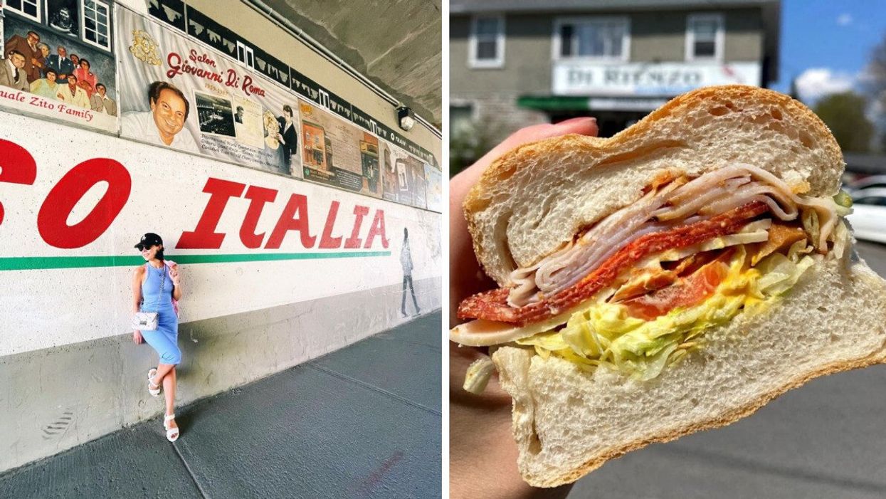 Person leaning on a wall. Right: A sandwich.