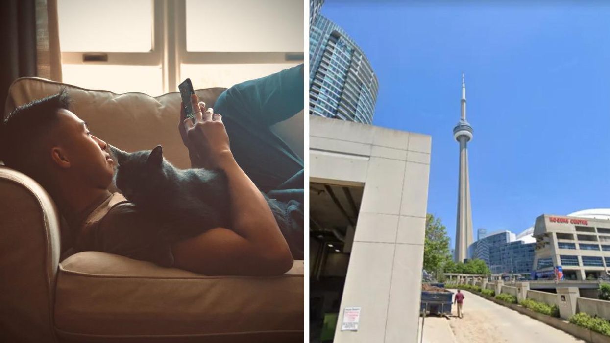 Person lying on the couch with their cat. Right: View of the CN tower.