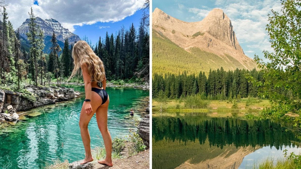 Person near a swimming hole. Right: A lake in the mountains.