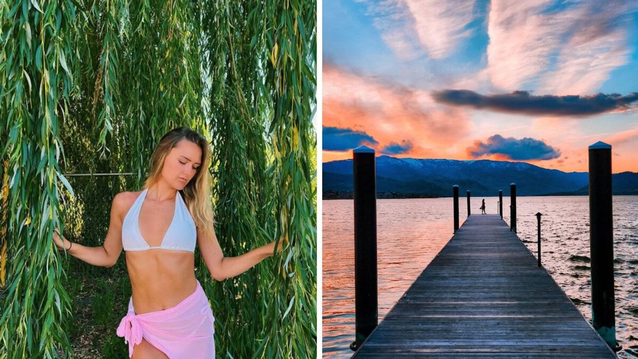 Person near a tree. Right: A lake.