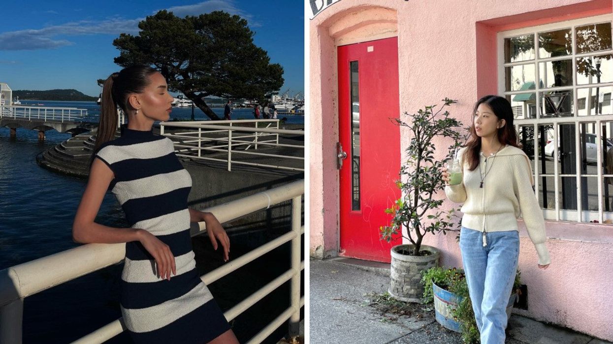 Person near a waterfront. Right: A cafe.
