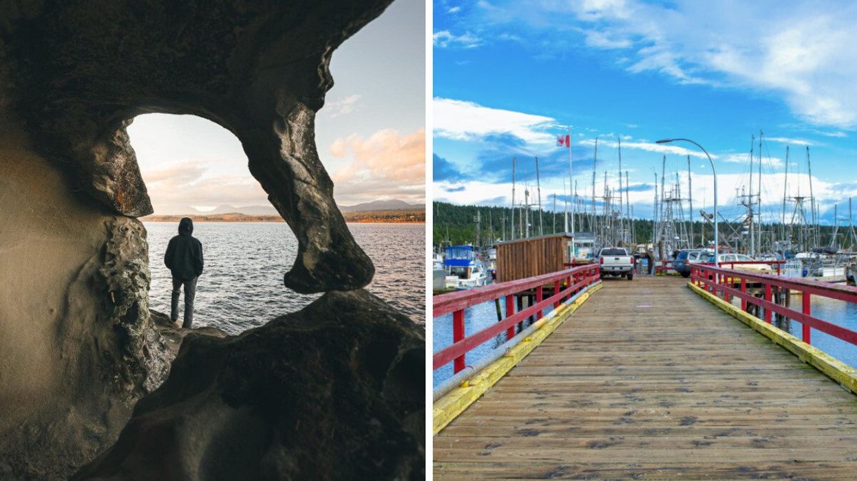 Person near the ocean. Right: A wharf.