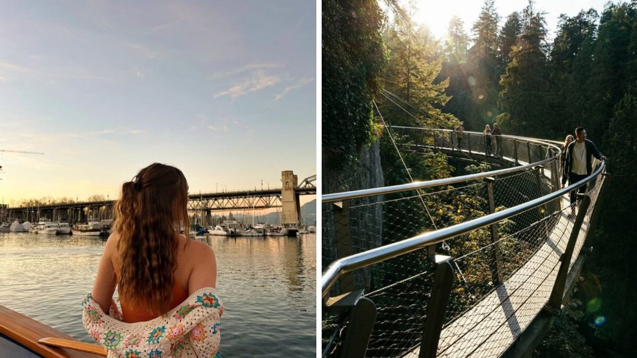 Person near the water. Right: A bridge with people walking in the forest.