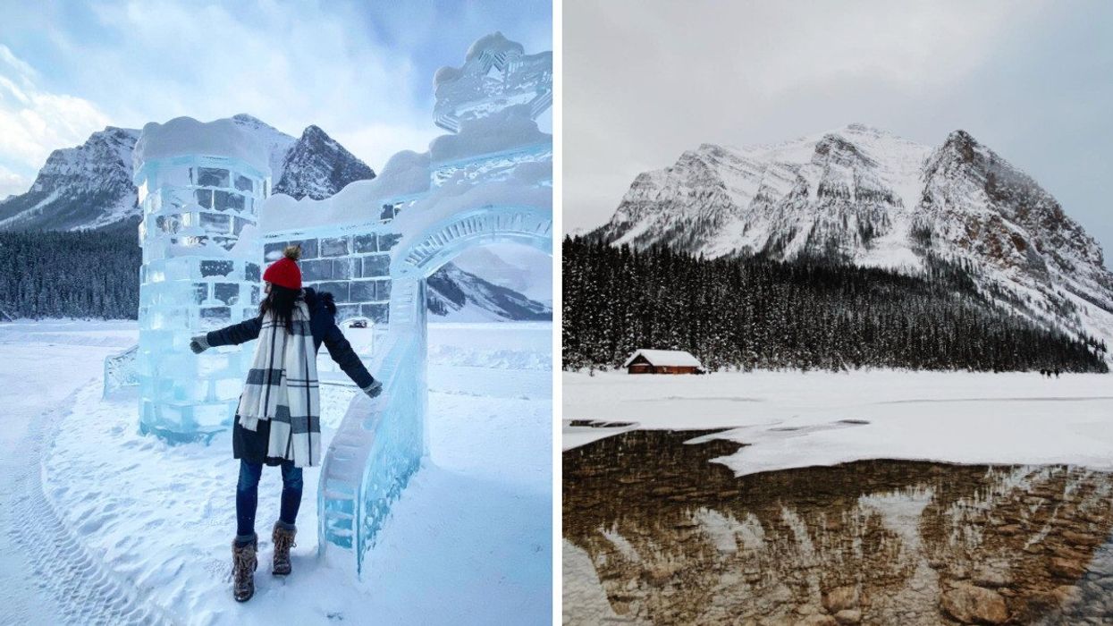 Person next to an ice sculpture. Right: A mountain and Lake.