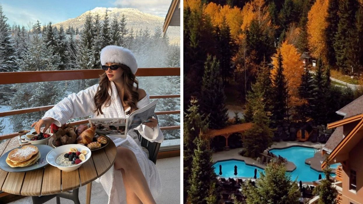 Person on a balcony eating breakfast. Right: A spa.