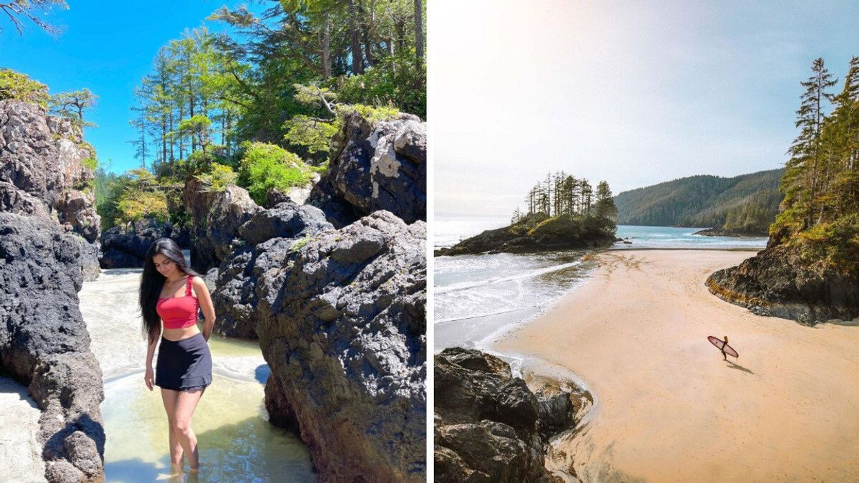 Person on a beach among rocks. Right: A birds-eye view of a beach with mountains beyond it.