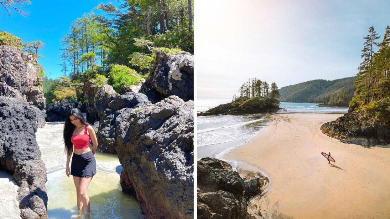 One of BC's top beaches is this white-sand shoreline with sea stacks ...