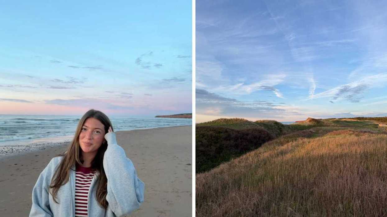 Person on a beach on Prince Edward Island. Right: Prince Edward Island beaches.