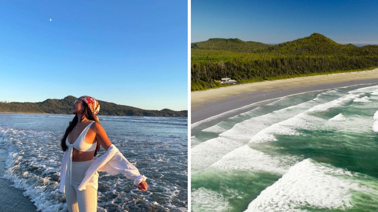 Person on a beach. Right: A beach.