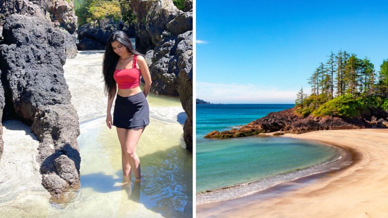 Person on a beach. Right: A beach.