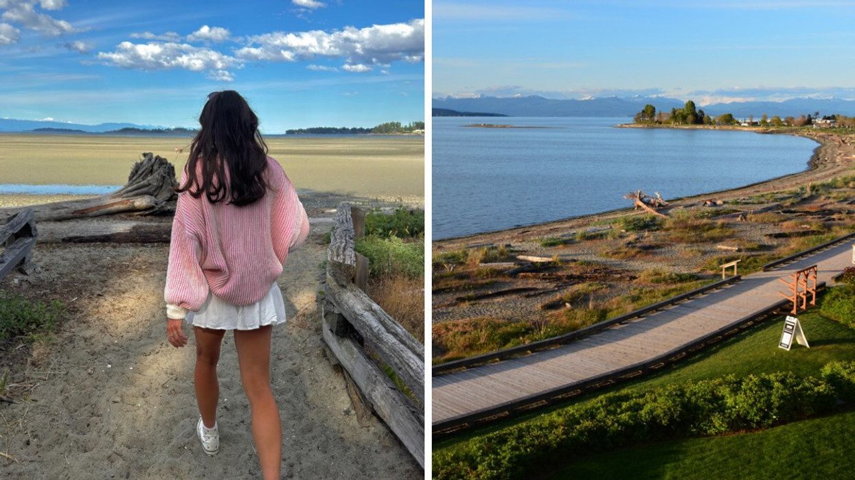 Person on a beach. Right: A boardwalk.