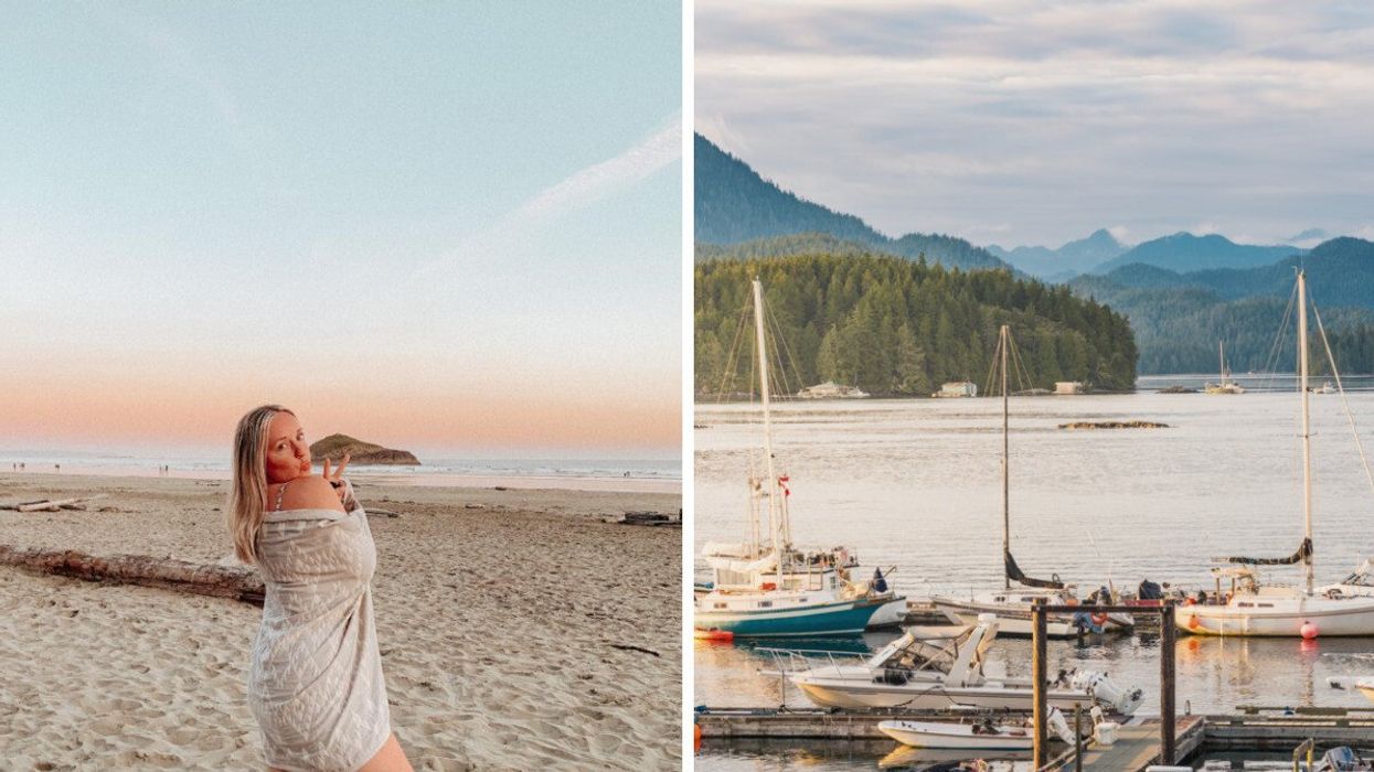 Person on a beach. Right: A harbour.