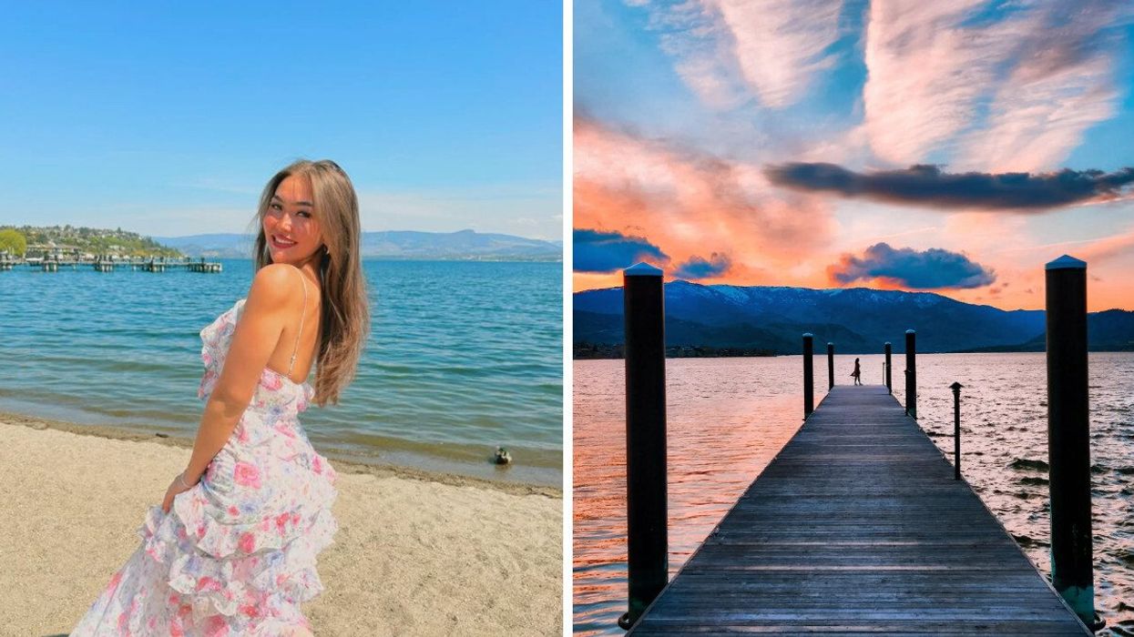 Person on a beach. Right: A lake.