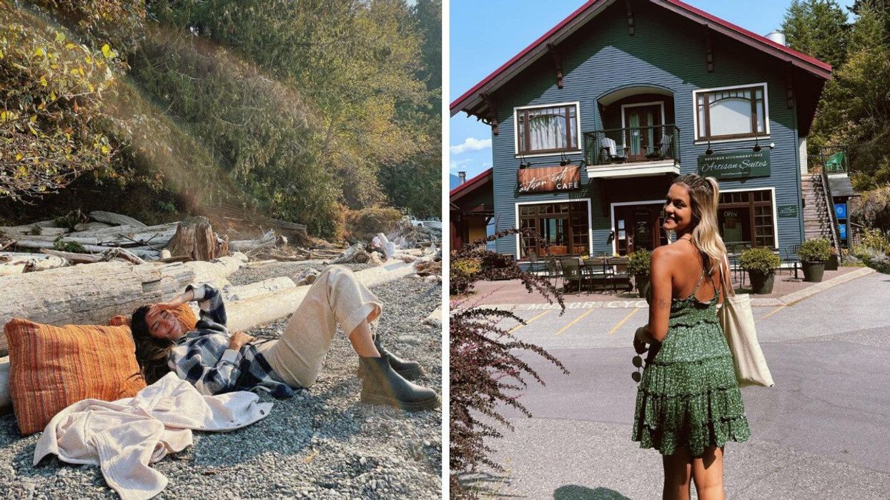 Person on a beach. Right: A person shopping.