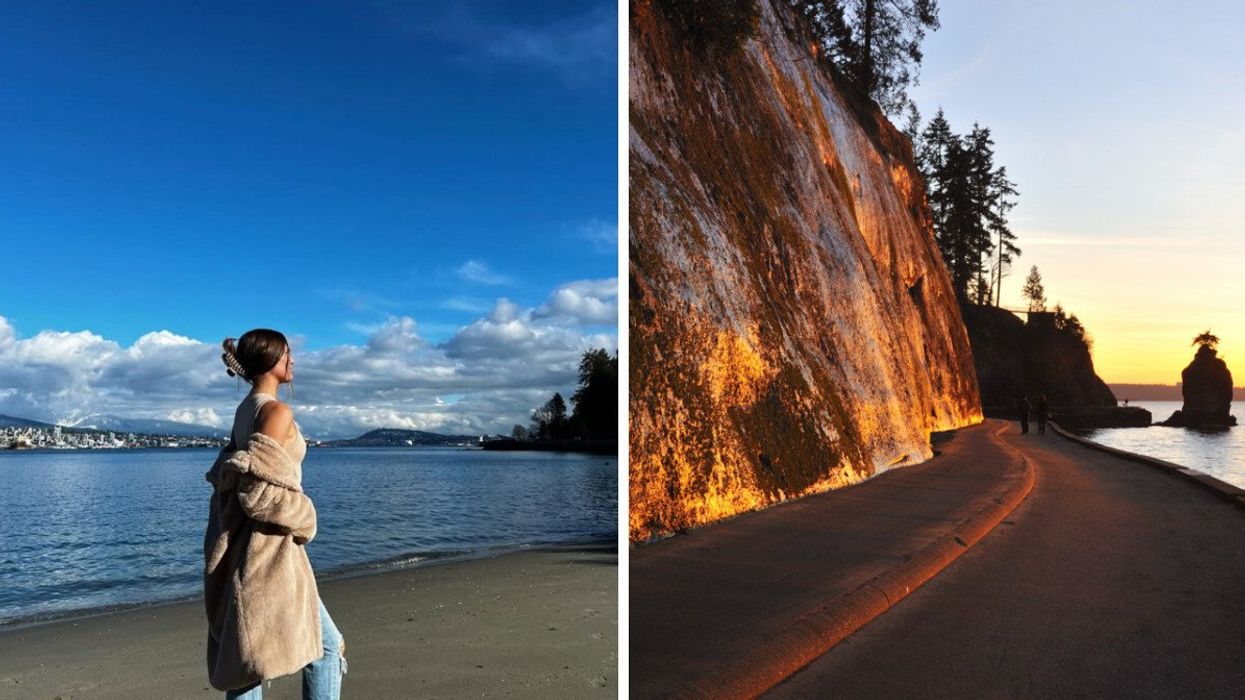 Person on a beach. Right: A sea wall.