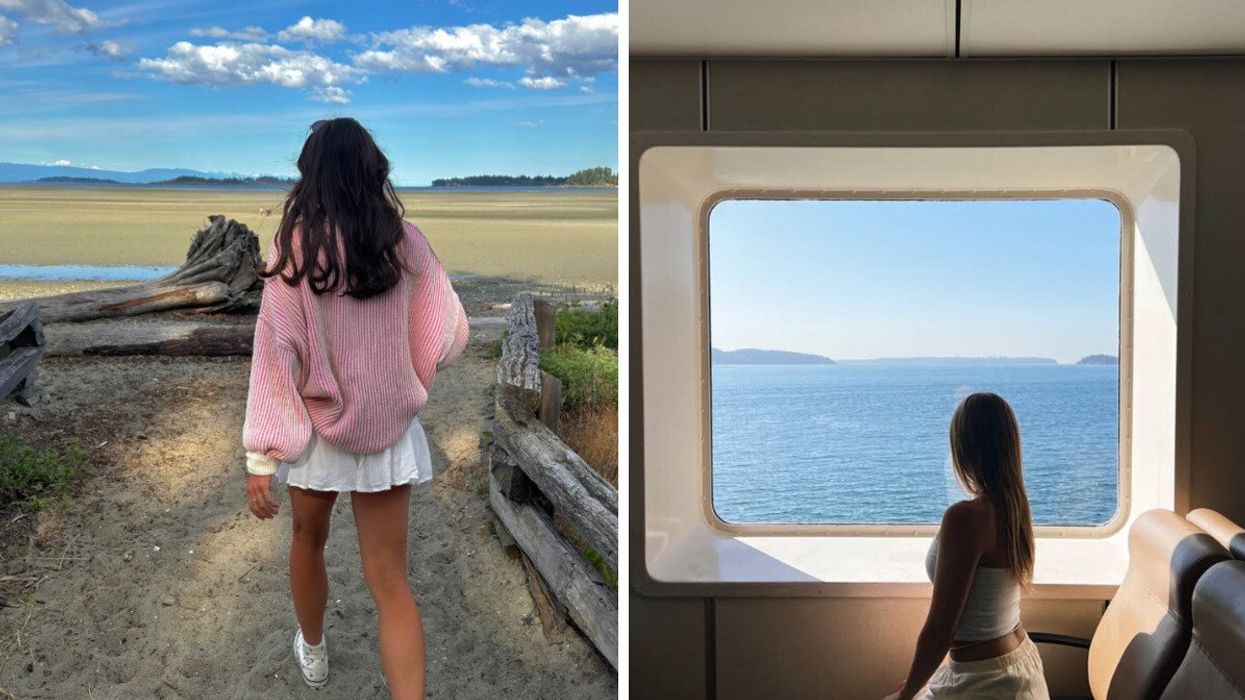 person on a beach. Right: BC ferries.