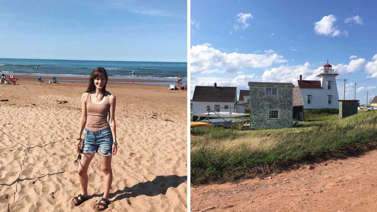 Person on a beach. RIght: Homes and a lighthouse.